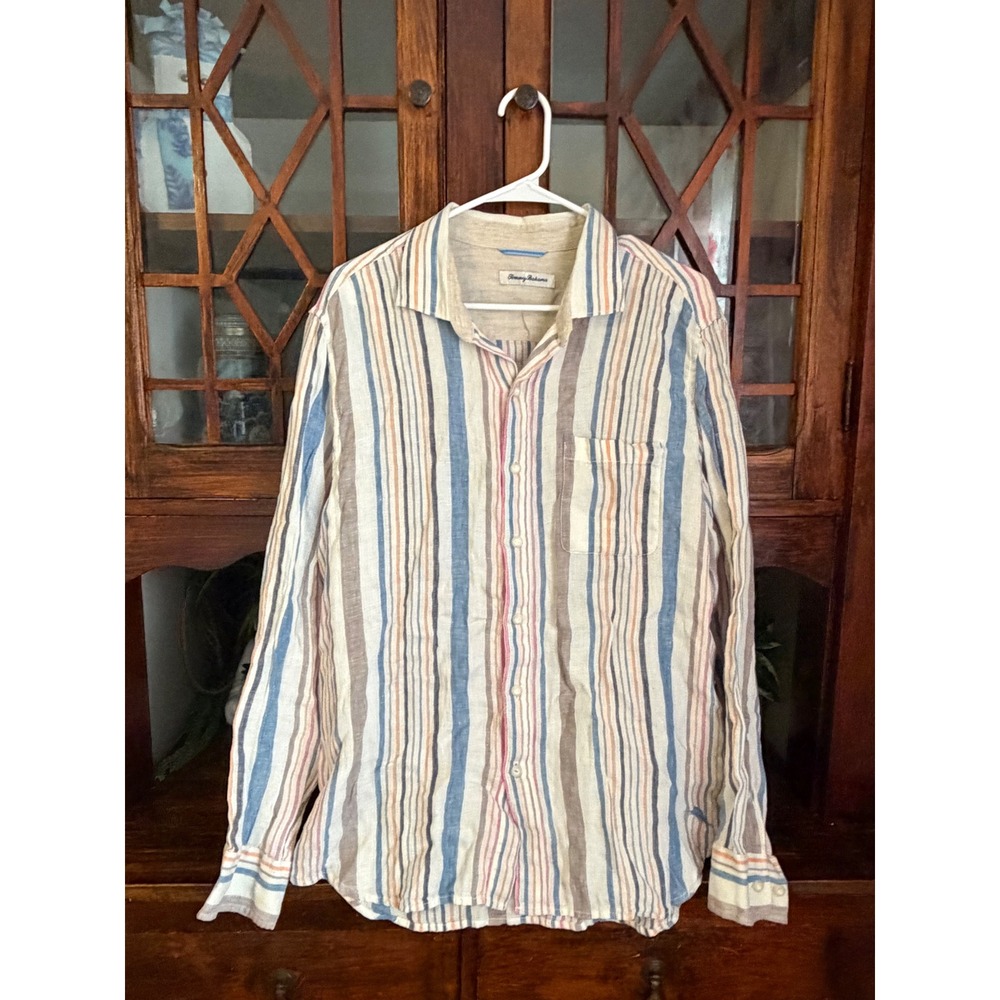 Tommy‎ Bahama Mens Large 100% Linen Striped Long Sleeve Button Up Shirt T318522